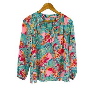 Lilly Pulitzer Elsa Silk Flamingo Print Boho Long Sleeve Top Size xsmall‎